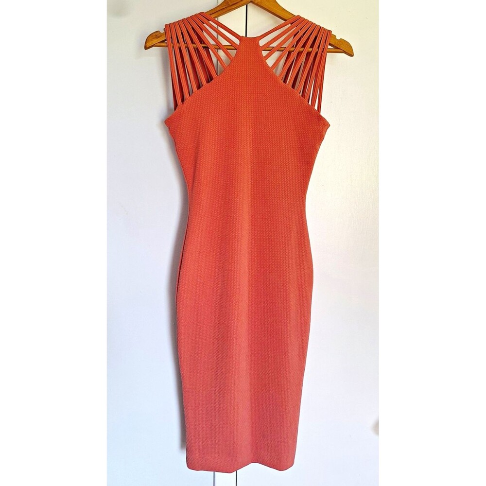 Women's Bodycon Halter Strappy Open Back Orange Knee Length Stretch Knit S